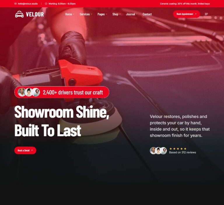 Velour Car Detailing, landing page template preview
