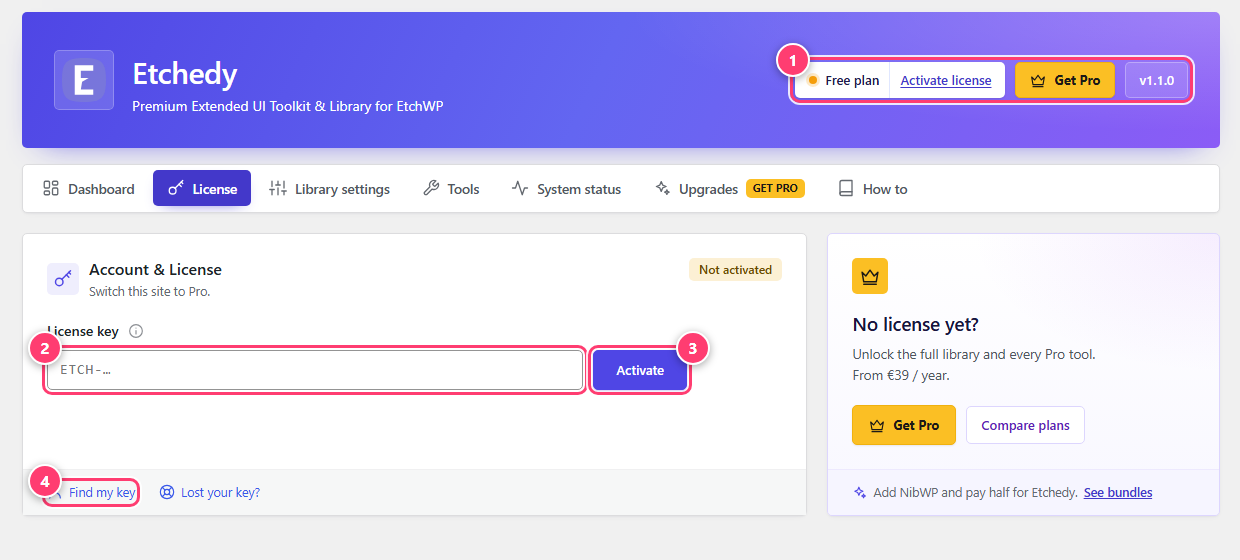 The License tab before activation