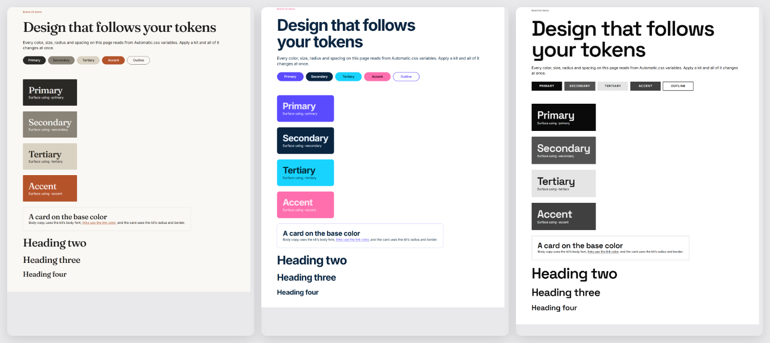 One page under three brand kits