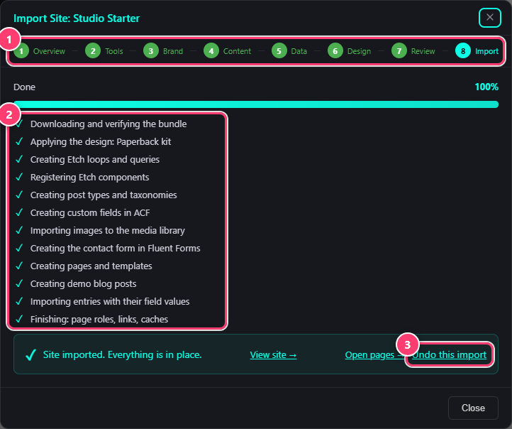 The Import Site window after a finished import