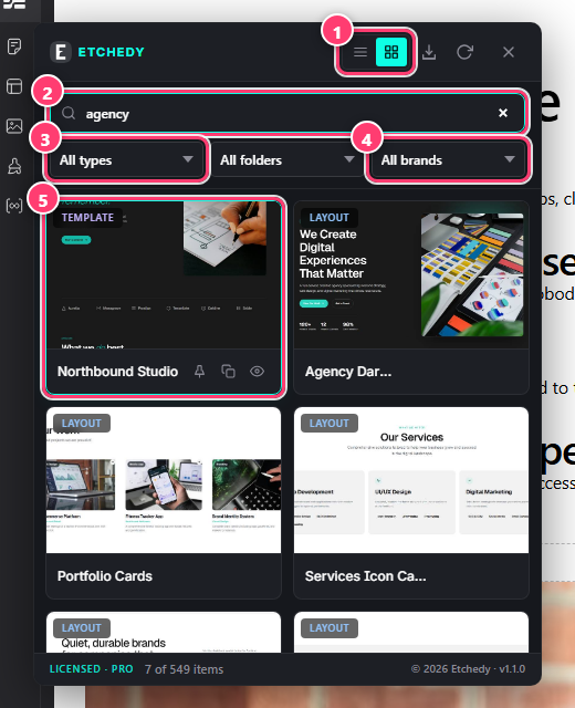 Grid view with a search and filters