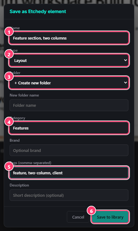 The Save as Etchedy element dialog