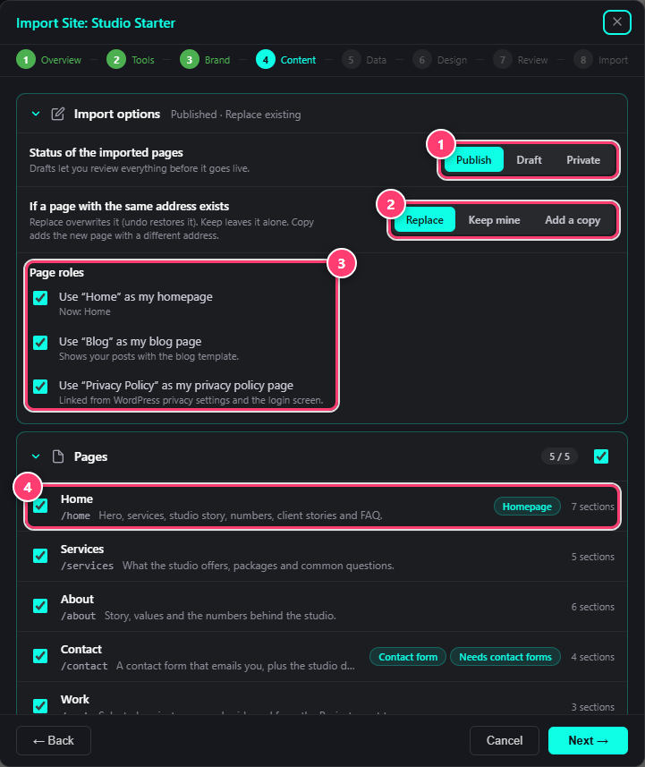 The Content step of the Import Site window