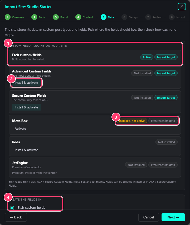 The Data step of the Import Site window