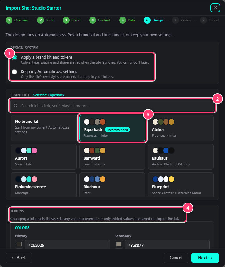 The Design step of the Import Site window