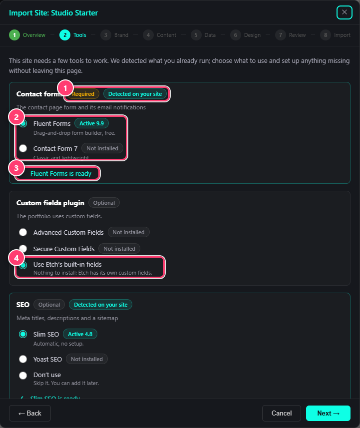The Tools step of the Import Site window